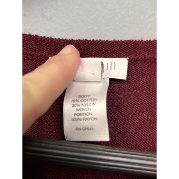 J Jill Layered Sweater Womens Medium Burgundy Pullover Button Back Floral bottom - Picture 5 of 7